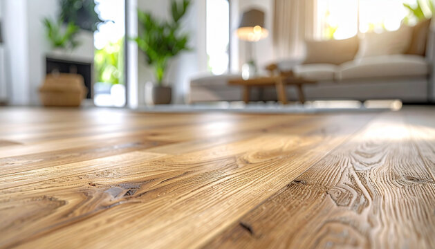 Medium shot showcasing a rustic oak laminate plank in sharp focus with blurred natural living room background emphasizing warm affordable luxury flooring options
