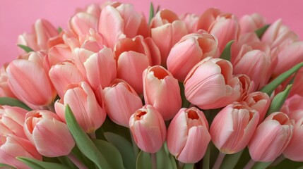 Fototapeta premium Charming bouquet of light pink tulips set against a gentle pink backdrop