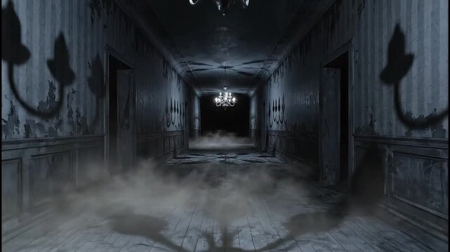 Deeply unsettling and shadowy corridor stretches into the distance, shrouded in ethereal mist, conjuring an intense feeling of dread and suspense within a dark, mysterious structure