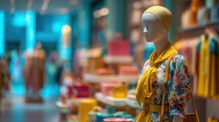 Obraz premium Thematic store section in medium shot emphasizing colorful decor and product displays with a focused mannequin and a softly blurred background creating immersive shopping