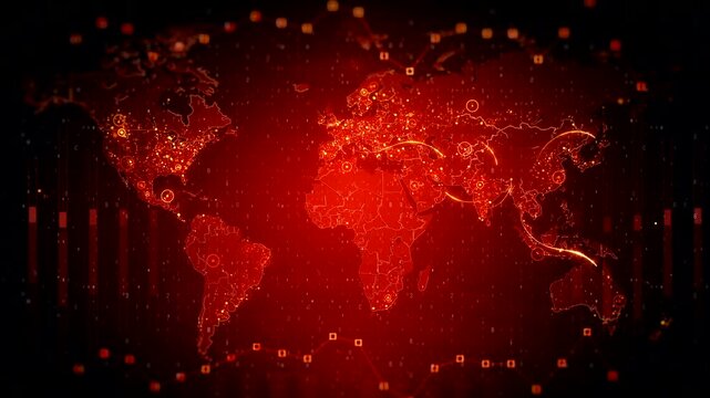Cybersecurity Global Attack Map Animation with red digital world visuals, data breach threats, and futuristic hacking network background, perfect for cyber defense, technology visualization,