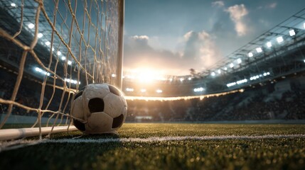 A soccer ball strikes the goal net in a vast stadium, showing the wide open field and the full match scene.