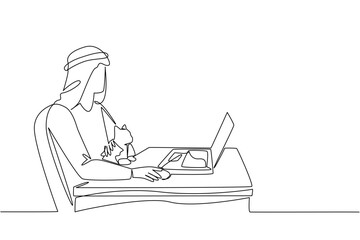 Continuous one line drawing an arab man sits on a chair typing on a laptop and hugging a cat. Lots of reports on deadline day. National Work From Home Day. Single line draw design vector illustration