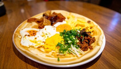 A pancake is topped with fried eggs, bacon, shredded egg, green onions, and other toppings, served on a white plate on a wooden table.