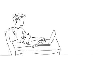 Single one line drawing a man sits on a chair typing on a laptop and hugging a cat. Creating cutting edge applications. Busy. National Work From Home Day. Continuous line design graphic illustration
