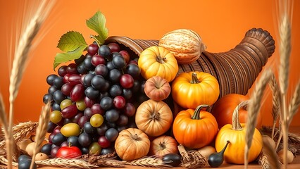 A cornucopia overflowing with fresh fruits and gourds, framed by delicate wheat stalks.