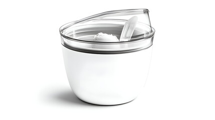 Ice Cream Container Homemade Delicious, fresh white frozen dessert storage with clear lid, ready to serve cold treat from the freezer container for families and parties on a bright white background