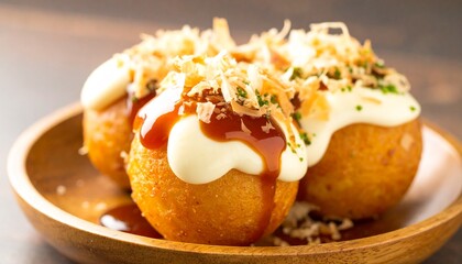 A savory serving of freshly made Japanese takoyaki, featuring fried octopus dumplings garnished with tangy sauce, creamy mayonnaise, and delicate bonito flakes