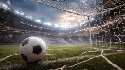 A soccer ball strikes the goal net in a vast stadium, showing the wide open field and the full match scene.