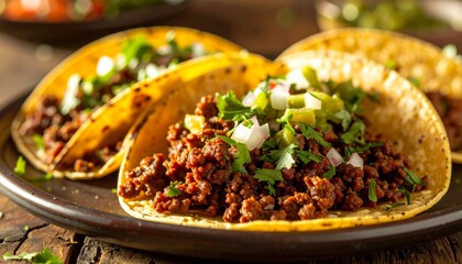 Three tacos filled with seasoned meat, topped with onions and cilantro, served on a dark plate.
