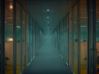 Expansive office hallway with glass-paneled walls creating an infinite depth illusion