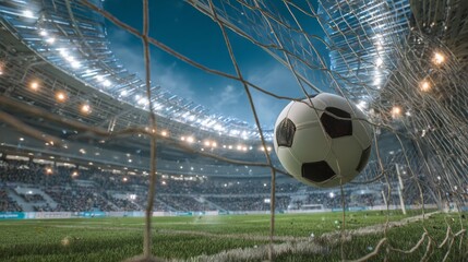 A soccer ball strikes the goal net in a vast stadium, showing the wide open field and the full match scene.