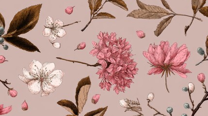 Hand-drawn spring botanical art with flowers, branches, and leaves, perfect for fabric design, covers, wallpapers, or artistic prints.