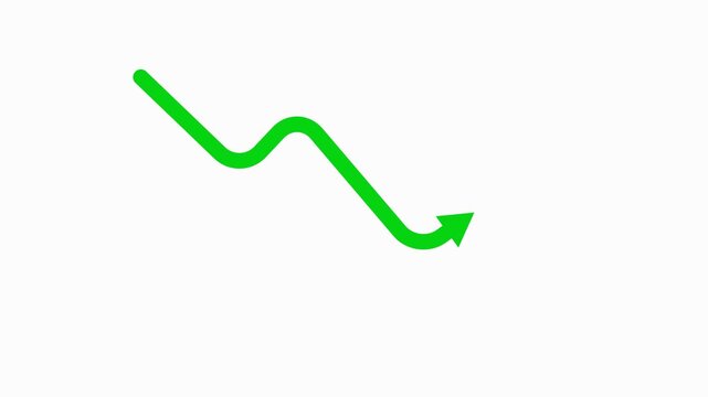 Animated downward zigzag arrow motion graphic. 2D element illustrating decline, financial crisis, stock market crash, business failure, and economic loss.
