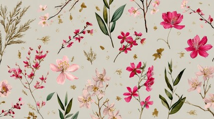 Hand-drawn spring botanical art with flowers, branches, and leaves, perfect for fabric design, covers, wallpapers, or artistic prints.
