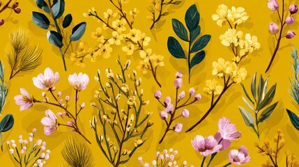 Hand-drawn spring botanical art with flowers, branches, and leaves, perfect for fabric design, covers, wallpapers, or artistic prints.