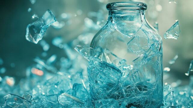 A smashed glass bottle with shards scattered around, blue tinted tone. Can illustrate damage, fragility, destruction, or a dramatic moment.