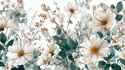 Hand-drawn spring botanical art with flowers, branches, and leaves, perfect for fabric design, covers, wallpapers, or artistic prints.