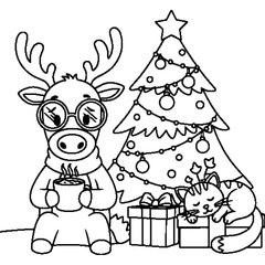 Obraz premium Vector illustration of a deer and a cat next to a Christmas tree. Black and white line art of a cute deer wearing glasses and a calm cat. Ideal for holiday greeting cards or print designs.