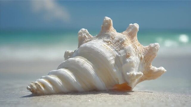 Seashell on sandy beach with ocean background under a clear blue sky