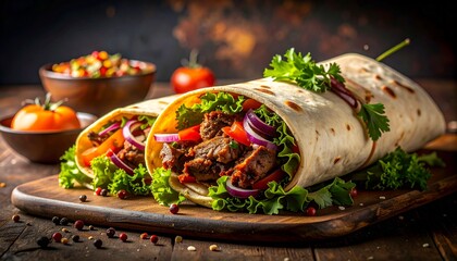 Two savory grilled meat wraps packed with crisp lettuce, fresh onions, and vegetables, presented on a rustic wooden board