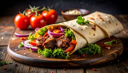 A close-up shot of a delicious wrap filled with meat and vegetables, presented on a wooden board.