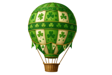 Green hot air balloon decorated with shamrock clovers festive celebration design symbolizing luck travel holiday adventure isolated on white background