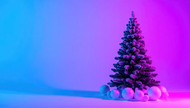 Christmas tree & balls lit by neon lights. Holiday decoration, celebration, card use