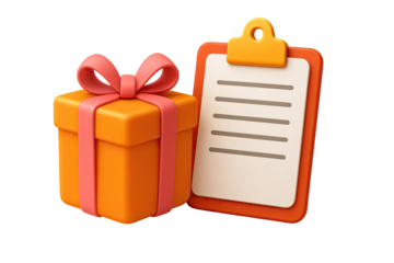 3d illustration of orange gift box with red ribbon bow and checklist clipboard symbolizing rewards tasks planning isolated on white background