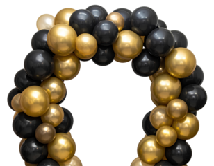 Elegant Black and Gold Balloon Arch for Party and Celebration Decoration, Isolated on Transparent Background, PNG