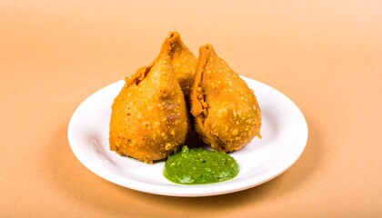 Three golden-brown samosas are displayed on a white plate with a vibrant green chutney, set against a warm beige background.