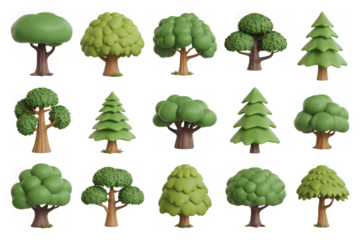 Collection of cartoon trees 3D rendering isolated on white background