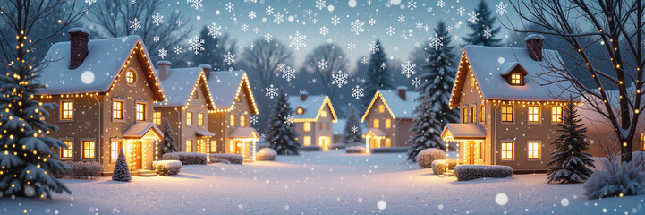 Snow-covered winter village with charming houses adorned with sparkling holiday lights, serene evening atmosphere, festive concept of real estate or holiday decorations