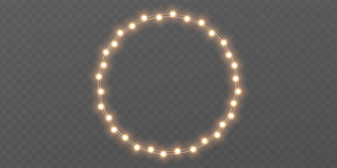 Christmas gold light circle frame. Fairy bulb banner. New Year luxury string garland. Winter party background. Led neon baubles. Festive border. Glow lamp bg. Glitter bright lamp. Vector illustration
