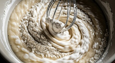 Whisk effortlessly blends flour into a smooth batter, promising delicious baked goods with every swirl for your cooking and baking projects