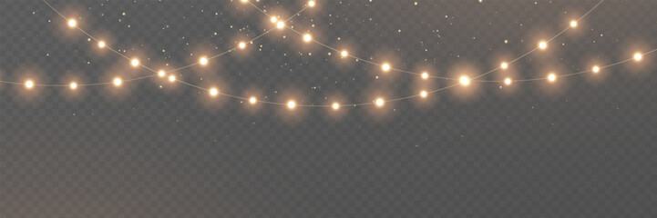 Christmas gold light background. Fairy bulb, banner. New Year luxury string garland. Winter party frame. Led neon line baubles. Festive border. Glow lamp bg. Glitter bright lamp. Vector illustration