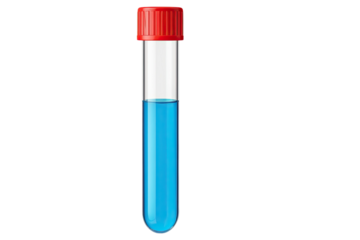 Transparent laboratory test tube filled with blue liquid chemical solution closed with red plastic cap used for science experiments isolated on white background