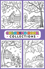Four Scenes Display Schools And Children Perfect For A Coloring Book Page