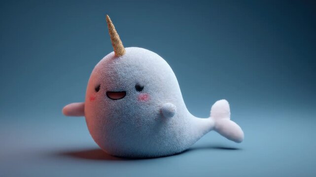 A fluffy, cartoon narwhal with a gold horn waves, rosy cheeks, and a happy expression.  Soft textures against blue backdrop