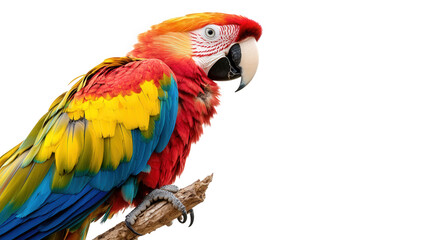 Fototapeta premium A vibrant scarlet macaw perched on a branch, showcasing its colorful plumage of red, yellow, and blue feathers, isolated on transparent background