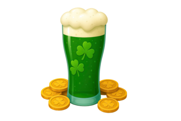 Glass of festive green beer with frothy foam decorated with shamrock clovers surrounded by golden coins isolated on white background