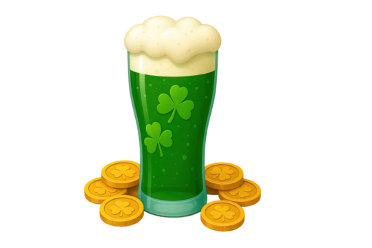 Glass of festive green beer with frothy foam decorated with shamrock clovers surrounded by golden coins isolated on white background - Powered by Adobe