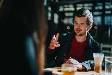 A man gestures passionately while conversing at a cafe, showing expressive engagement. The warm lighting highlights his expressive facial expressions, creating an inviting ambiance in a cozy setting.