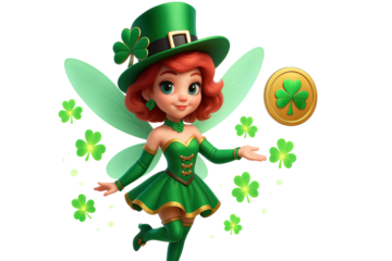 Cute magical fairy leprechaun girl with green hat wings shamrock clovers and golden coin fantasy character isolated on white background
