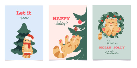 Christmas  cards set with adorable cats in festive designs and cheerful wishes