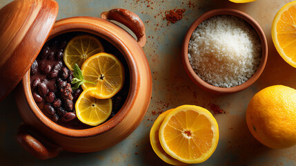 Authentic Brazilian feijoada in a rustic clay pot with fresh lemon slices, photographed from above. Close-up of traditional ingredients with coarse sea salt.