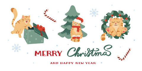 Horizontal Banner with Cats Celebrating Christmas and Wishing a Happy New Year 
