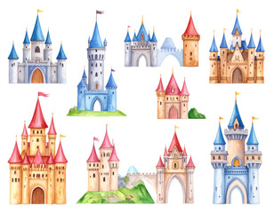 Obraz premium Watercolor Collection of Various Castles in Different Styles and Colors Depicted with Detailed Towers Flags and Arches Isolated on Transparent Background