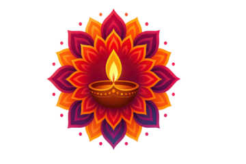 Beautiful glowing diya lamp with colorful mandala floral rangoli design festive decoration for celebration festival greeting card isolated on white background