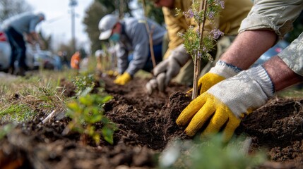 Tree planting event, green teamwork, hands in soil, eco care, sustainable habits, community effort for nature’s future 